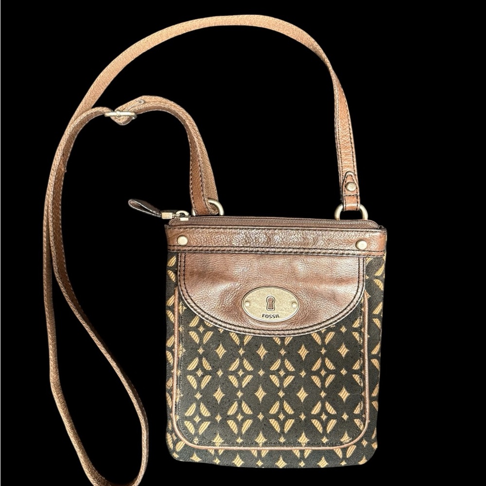 Fossil Patterned Brown and Black Crossbody Bag